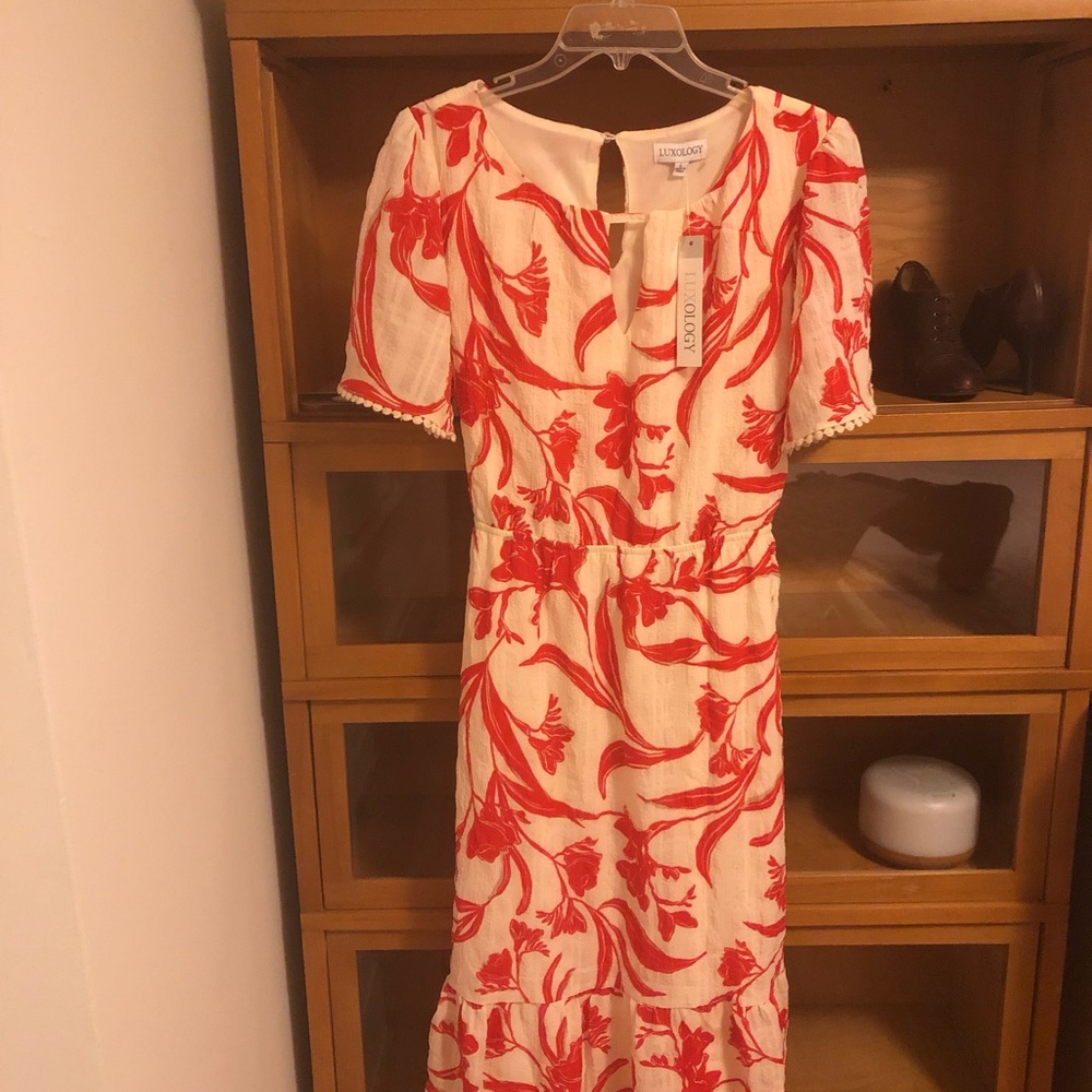 Luxology Red and Cream Floral Midi Dress